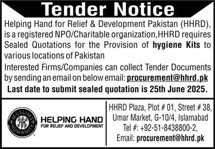 Helping Hand for Relief & Development Pakistan Islamabad Tender Notice